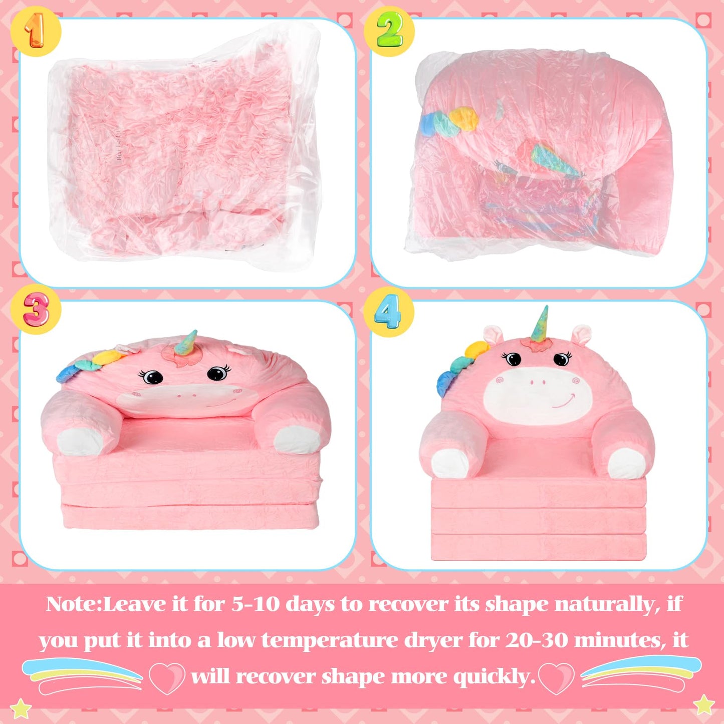 Burbell Toddler Chairs Comfy Unicorn Toddler Couches That Fold Out with Blanket 2-in-1 Kids Fold Out Couch Velvet Child Foldable Convertible Sofa to Lounger for 1-7 Years Old (Pink)