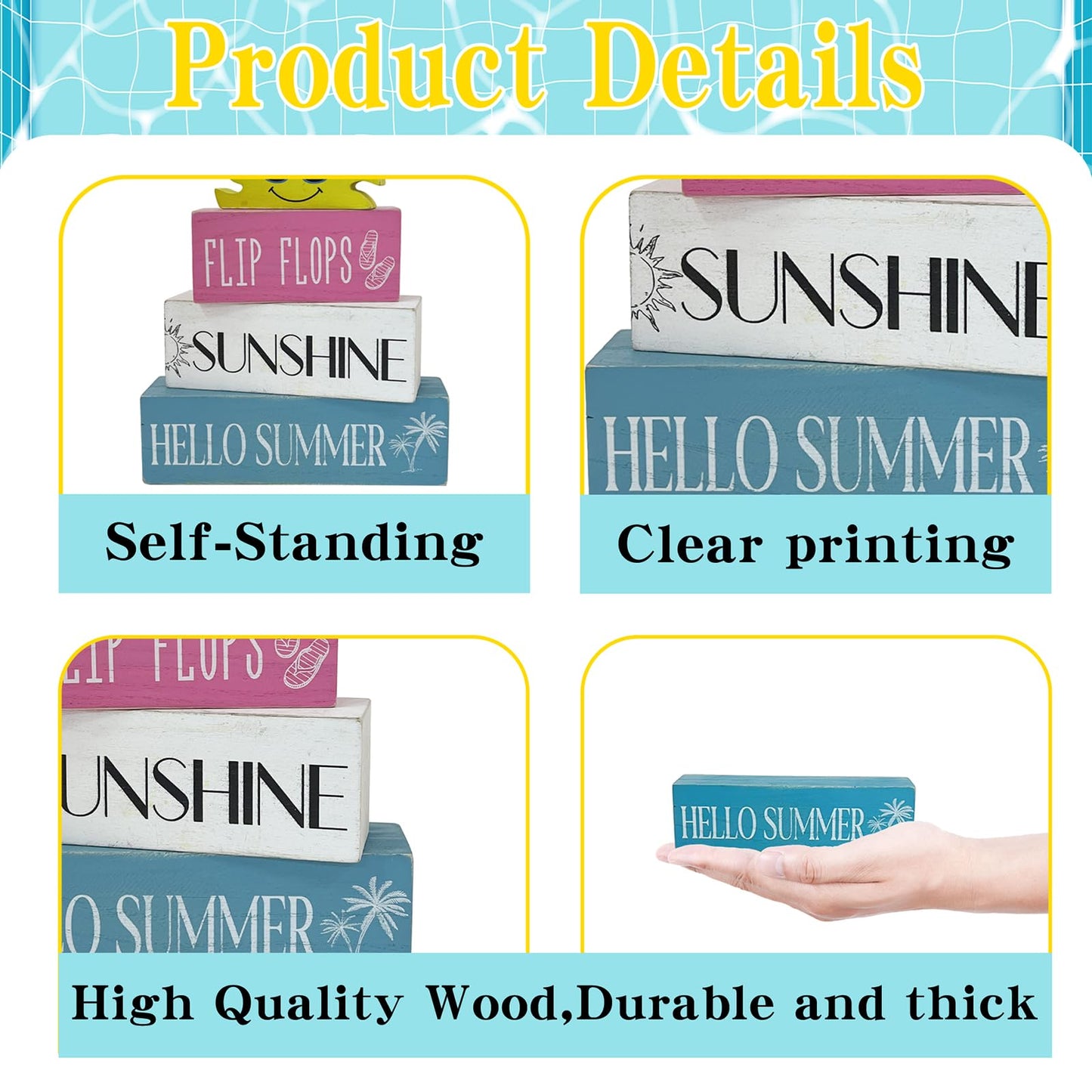 Lebsitey 4 Pcs Summer Wooden Sign Decor, Summer Home Table Decor, Human Sunshine Tiered Tray Decorations for Table & Home Office Decorations