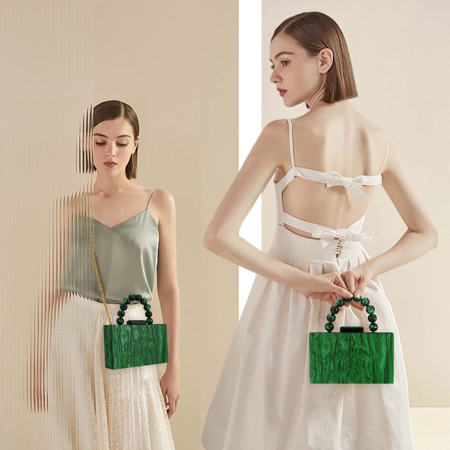 Acrylic Purses Evening Clutch Bag Marbling Handbags for Women Cross Body Bag with Pearl Chain Formal Wedding Prom Party (Dark Green)