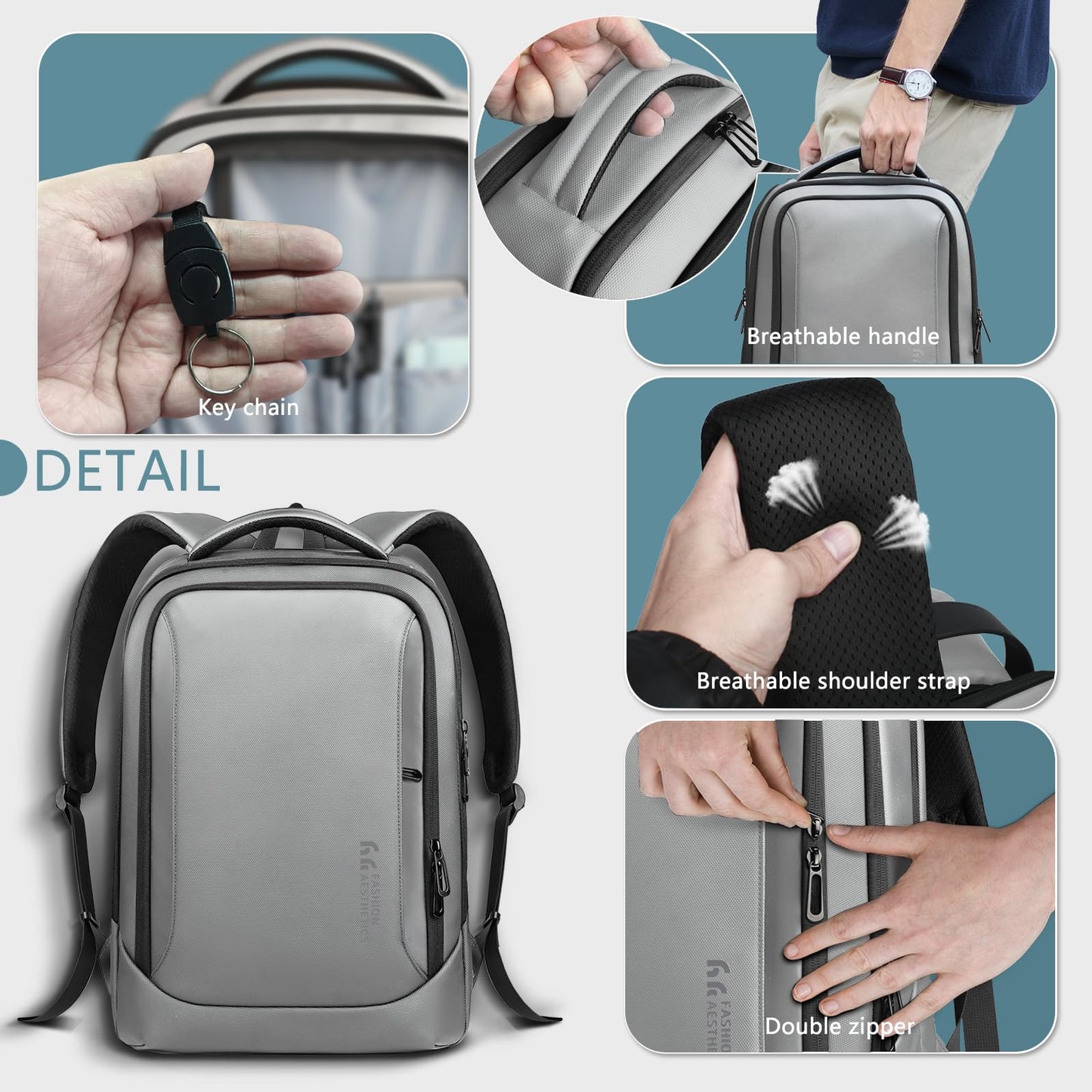 hk Laptop Backpack for Men with USB Charging Port Water-Resistant for 15.6 Inch Computer Bag Durable High-Tech Daypack Casual Backpack for Business Work College Weekender Travel- Grey