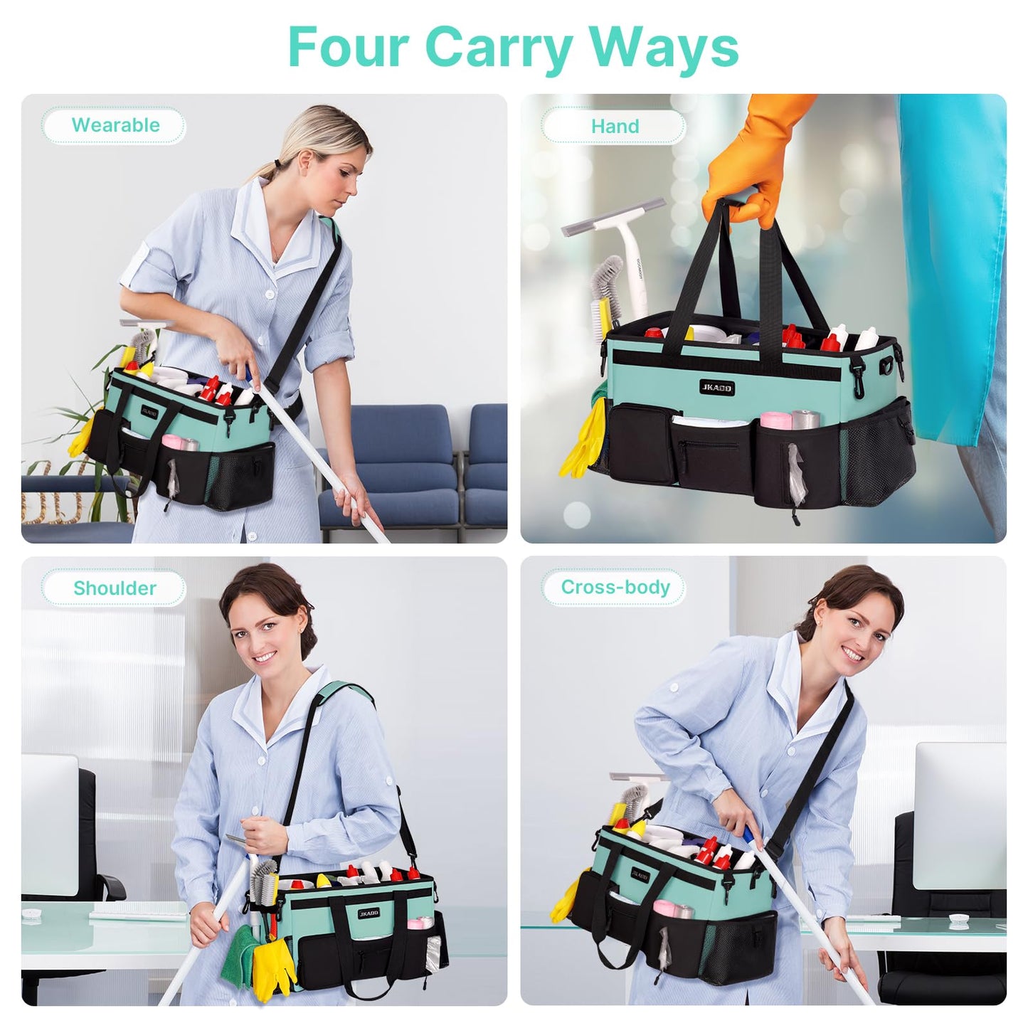 JKAOO Large Wearable Cleaning Caddy Bags, Cleaning Supplies Storage Bag with Handles and Adjustable Shoulder Strap and Removable Waist Straps,Waterproof Cleaning Tote for Home,Car,Office