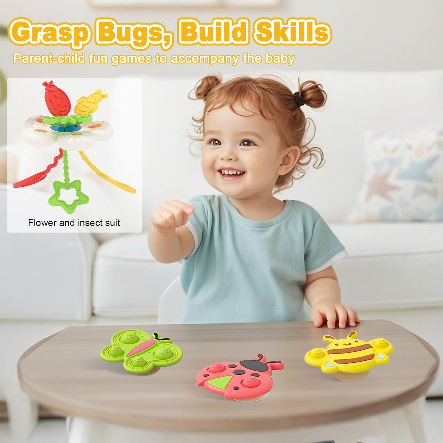 GeeKiPrime Montessori Toys Set for Baby 3 6 12 18 Months, 2-in-1 Silicone Pull String & 3 Insect Spinner Sensory Toy, Teething & Fine Motor Skills Development, Toddler Gift for Boys & Girls 1 2 Year