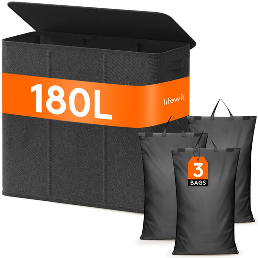 Lifewit Double Laundry Hamper with Lid and Removable Laundry Bags, Large Collapsible 2 Dividers Dirty Clothes Basket with Handles for Bedroom, Laundry Room, Closet, Bathroom, College, 136L Beige