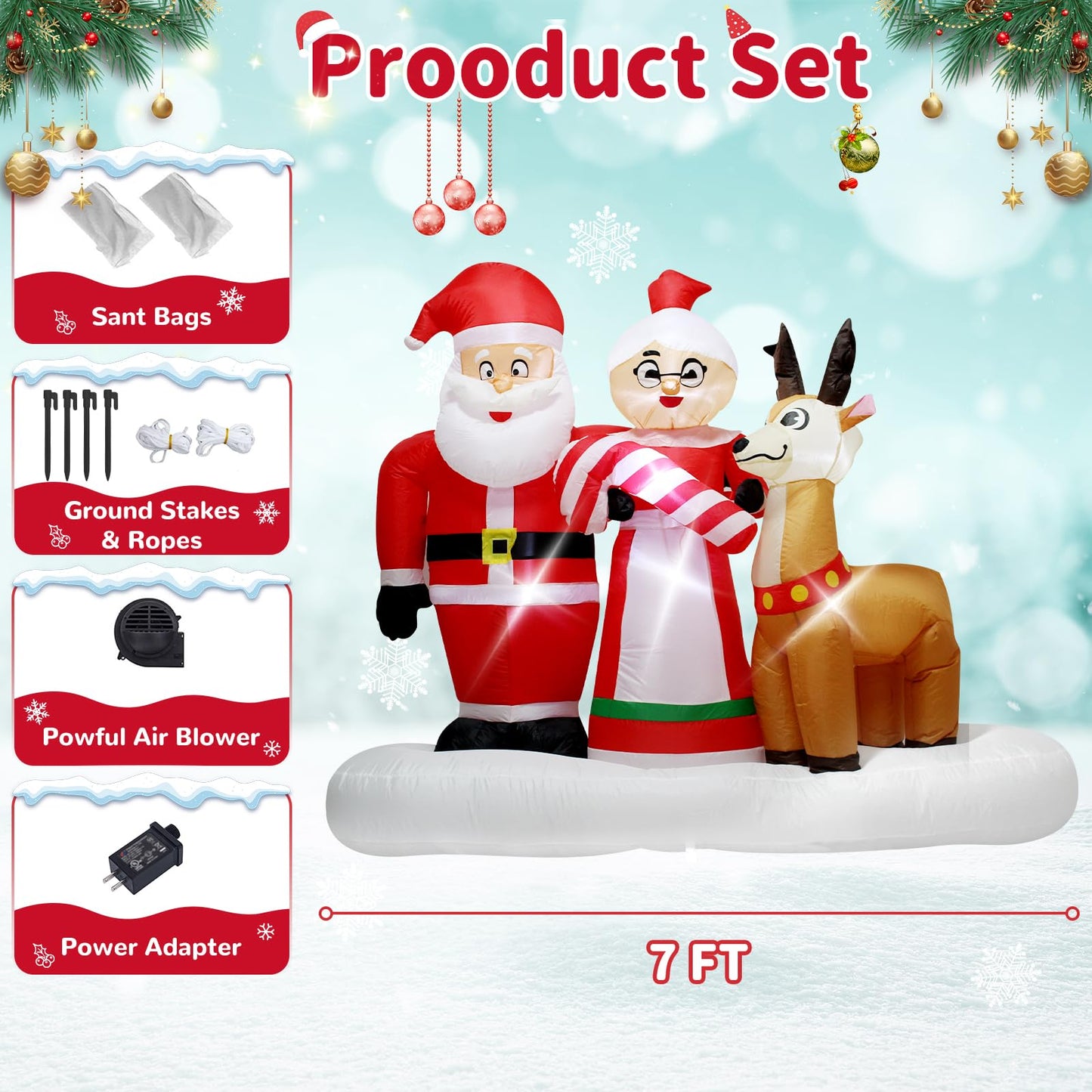 7 Foot Inflatable Christmas Santa Claus and Mrs Claus with Cute Reindeer Outdoor Holiday Decoration Featuring Bright LED Lights Perfect for Lawn Garden Party Christmas Display