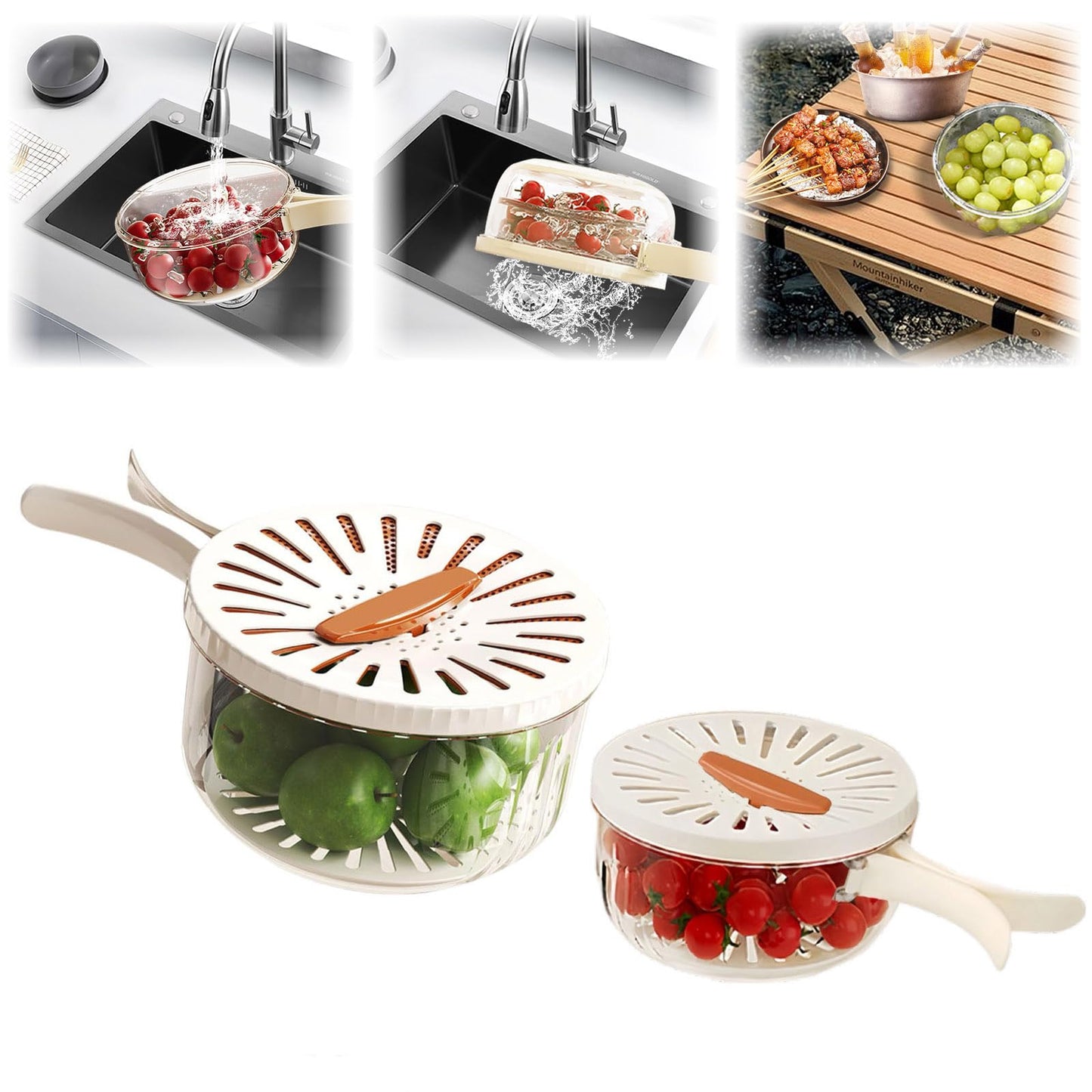 2 Pcs MultiPurpose Fruit Strainer Drain Basket with Lid & Collapsible Handle,2 in 1 Draining and Preservation Basket, Fruit Cleaner Bowl for Fridge Freshness and Outdoor Picnics(Brown)