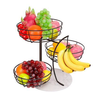 Livabber Fruit Basket Bowl with Banana Hanger, Fruit Vegetable Storage Basket with Banana Tree Holder for Kitchen Counter, Detachable Organizer for Bread Snack Produce (Black, 3-Tier Metal Base)