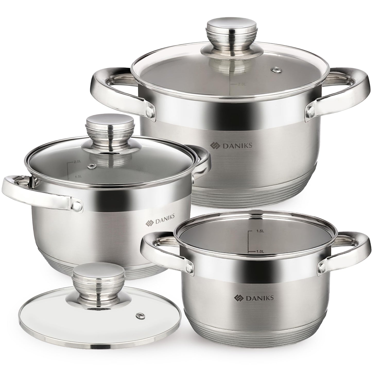 Daniks Standard 6-Piece Stainless Steel Induction Cookware Set, Dishwasher Safe Pots, Measuring Scale, Glass Lids, For Soup, Pasta, Stew, Silver