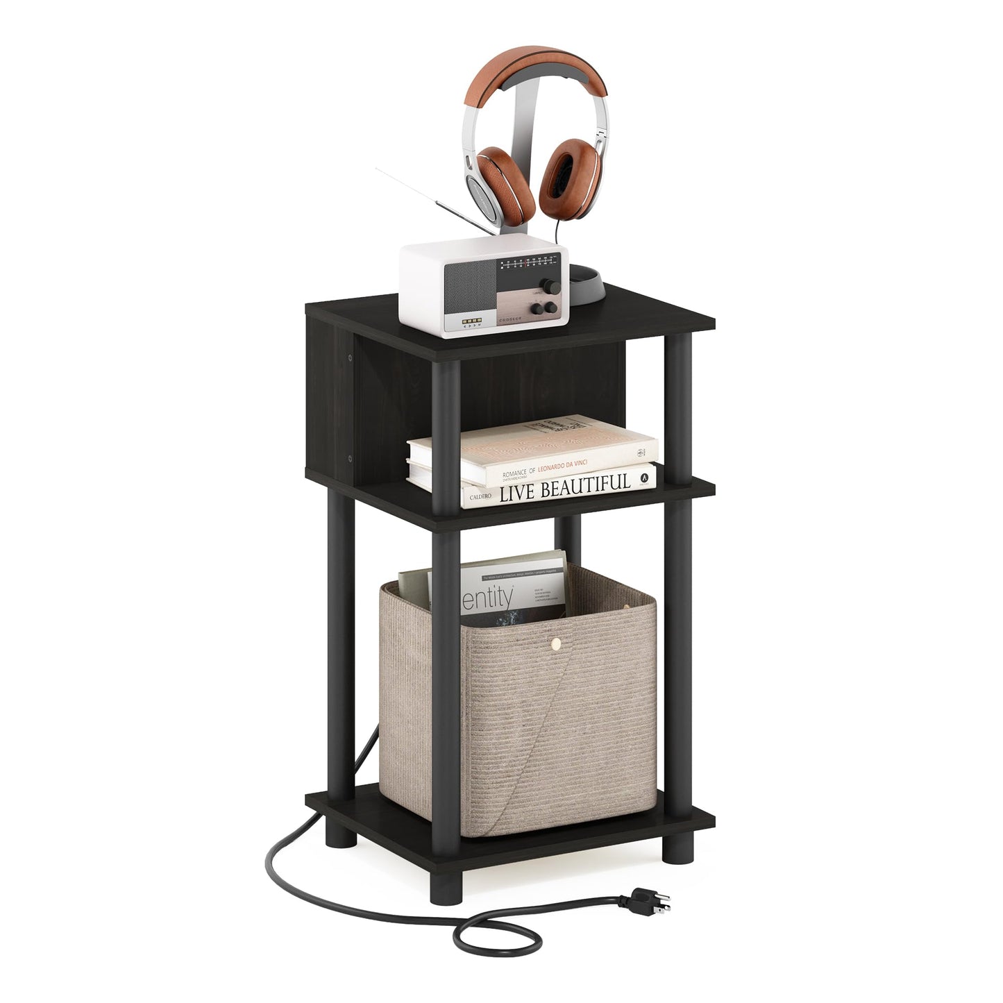 Furinno Just 3-Tier Turn-N-Tube Open Storage End Table with USB and Type-C Charging Port, 11.42 (W) x 9.92 (H) x 6.91 (D) inches, Espresso/Black