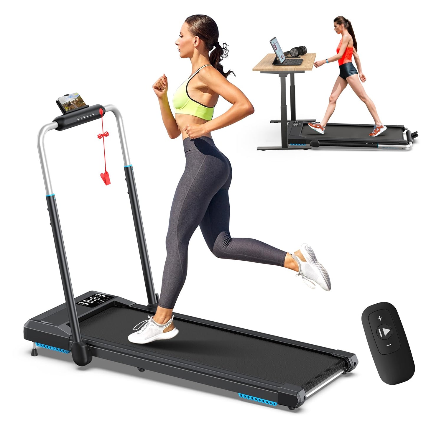 WELLFIT Folding Treadmills with 10% Incline, Under Desk Walking Pad 360+ LBS Weight Capacity, Treadmill for Home Office with Handle Bar, 3 in 1 Smart Treadmill Work with ZWIFT KINOMAP No Assembly