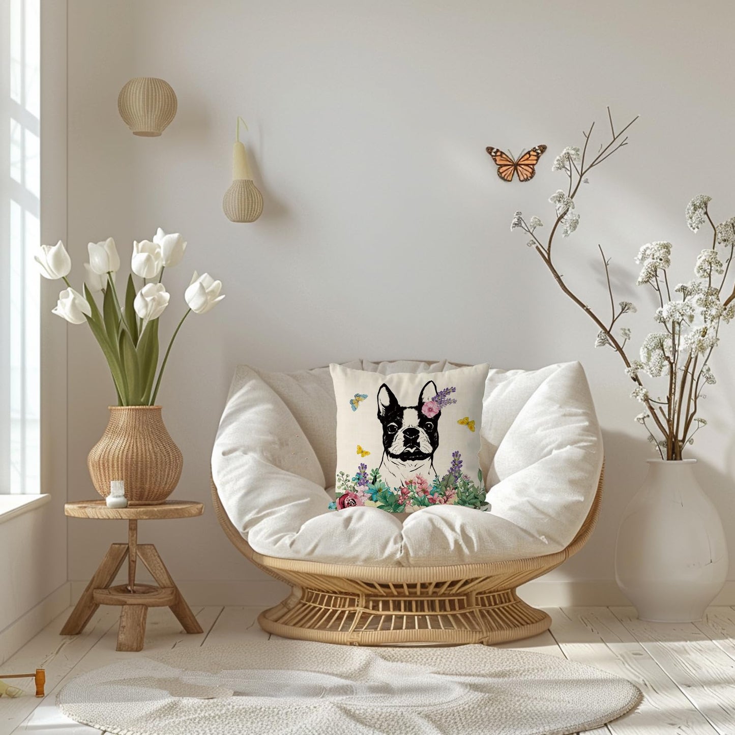QIONG MENG Spring Pillow Covers 18x18 Inch Boston Terrier Flower Throw Pillow Case Spring Dog Cushion Case for Home Sofa Living Room Farmhouse Decorations