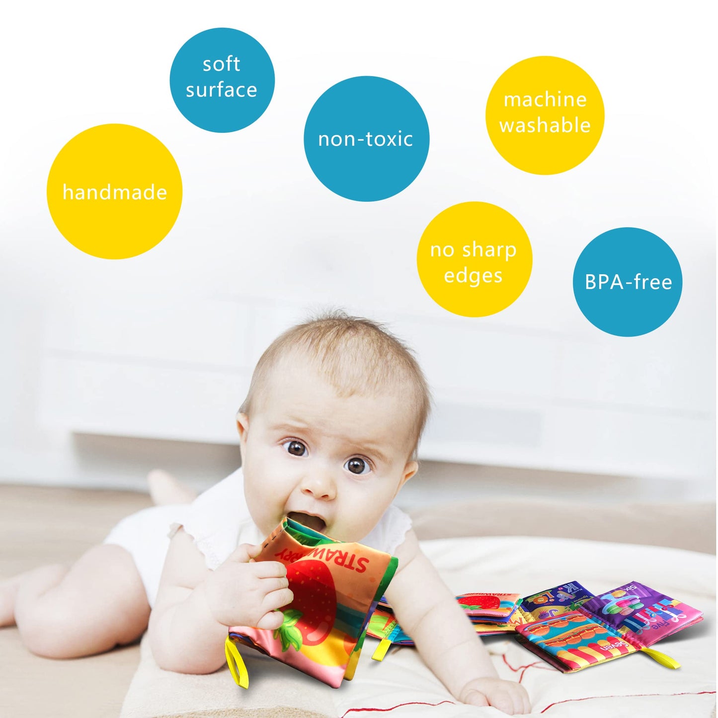 AMINFUN Soft Cloth Baby Book Toy 0-6 Months, Baby Learning Book(ABC-Z,1-10,Colour,Fruit,4 Pack),Touch and Feel Crinkle Book Infants 6-18 Months,Early Educational Toy 0-3, Gift for Babies Infants