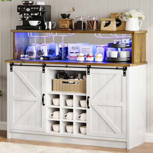 4ever2buy Farmhouse Coffee Bar with LED Lights, 47 inch Coffee Bar Cabinet with Storage, Wine Bar Cabinet with Wine and Glass Rack for Living, Dining Room, White
