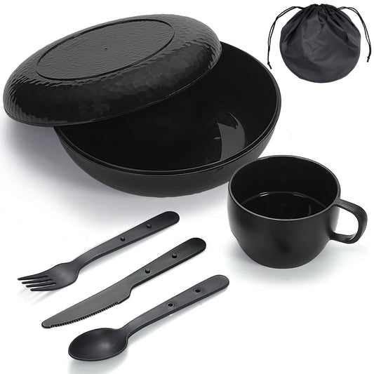 Berglander Camping Mess Kit with Bowl, Plate, Cup, Spoon, Fork, Knife and Carry Bag, Plastic Camping Accessories Essentials Gear for Travel, Camping, Picnic, Outdoor, Easy to Carry & Store