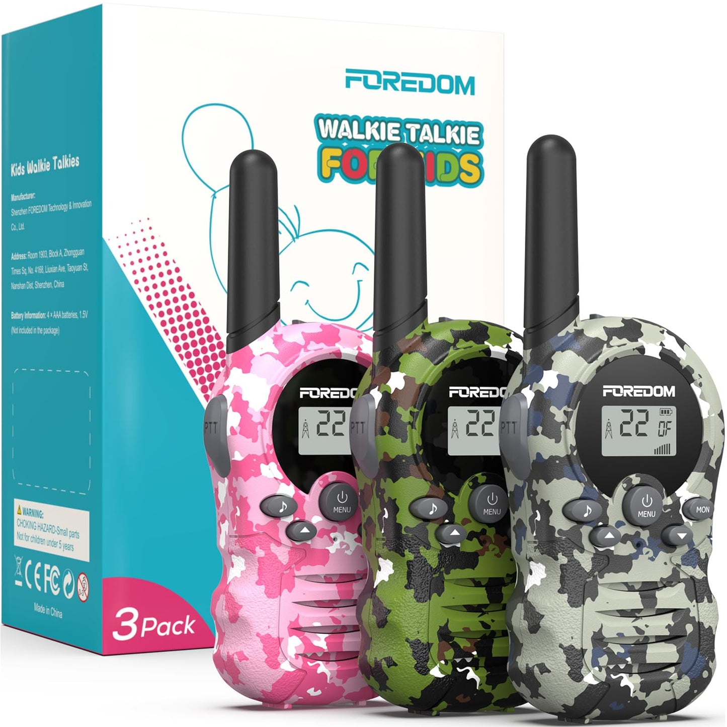 Walkie Talkies for Kids, Kids Walkie Talkies 3 Pack Long Range for Boys & Girls, 3 to 12 Year Old Birthday Cool Army Gifts, 22 Channels 2 Way Radio, Toys for Camping, Camo Pink&Green&Blue