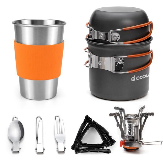 Odoland Camping Cookware Stove Carabiner Canister Stand Tripod and Stainless Steel Cup, Tank Bracket, Fork Spoon Kit for Backpacking, Outdoor Camping Hiking and Picnic