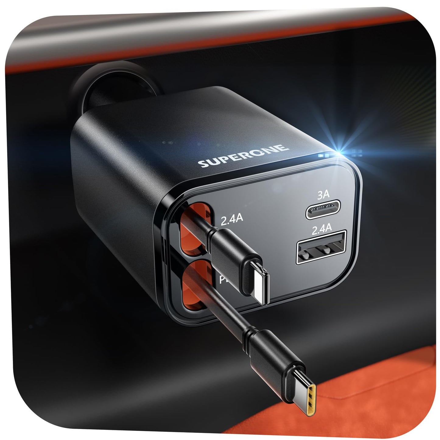 [2025 Upgraded] Retractable Car Charger, SUPERONE 69W Car Phone Charger with Cables Fast Charging, Gifts for Men Women Car Accessories for iPhone 16 15 14 13 12, Samsung, Black