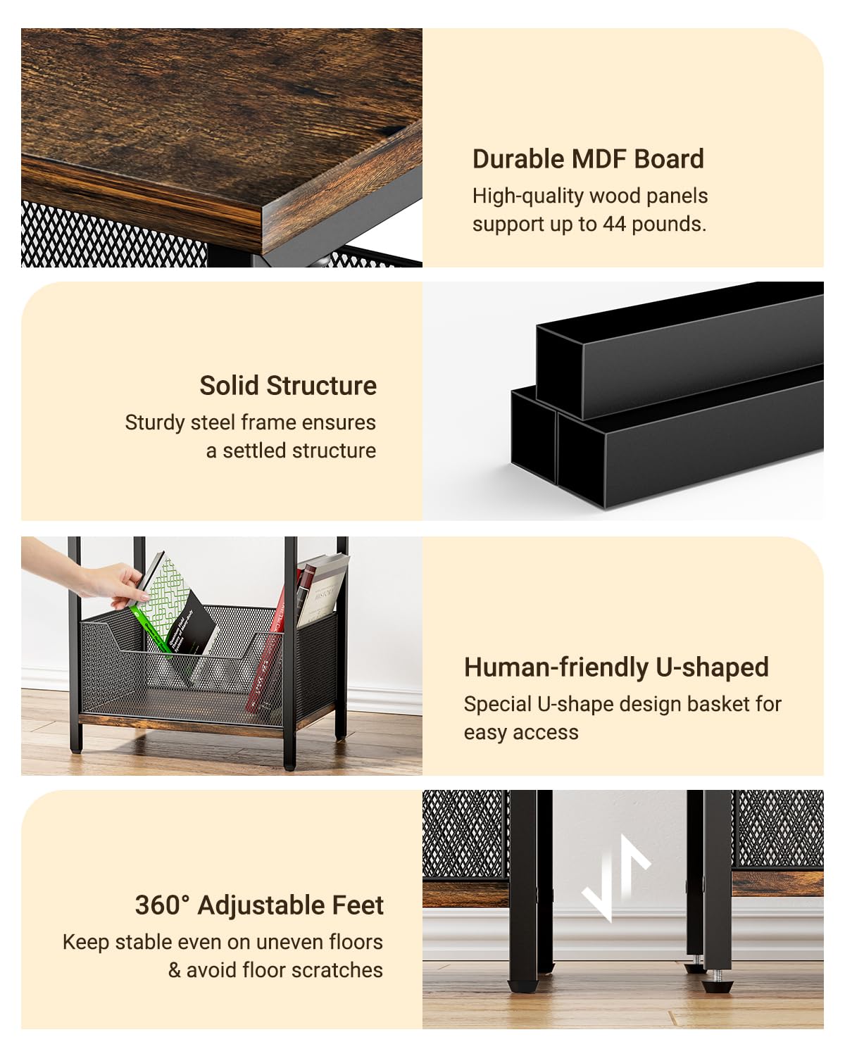 Dunatou End Table, Small Side Table Industrial Retro 3-Tier Sofa Table with Storage Shelf for Small Spaces, Living Room, Bedroom, Kitchen, Office