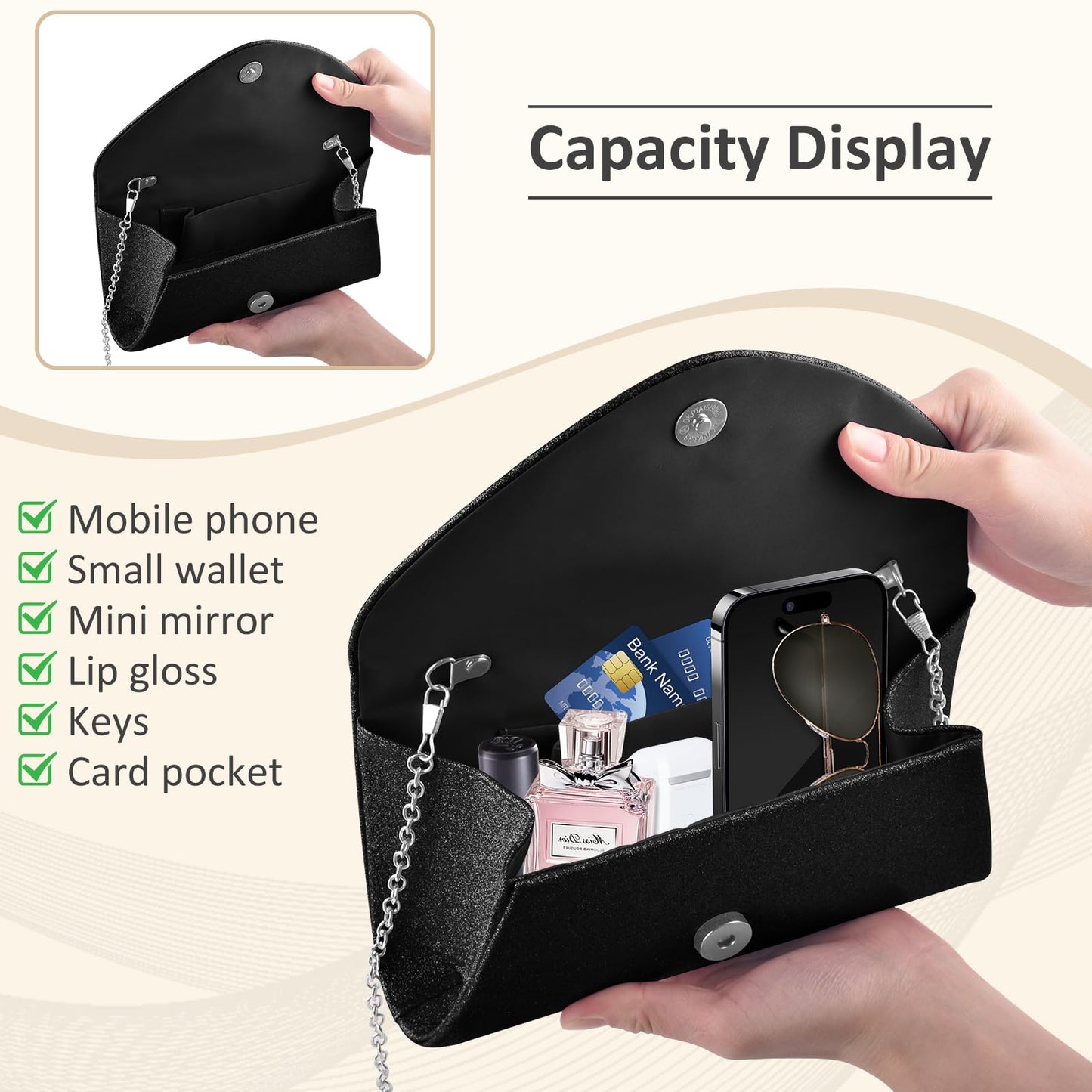 PACETAP Women's Evening Bag Clutch Purse, Glitter Party Wedding Handbag with Chain for Women Formal Wedding Party Cocktail Prom Dinner(Black)