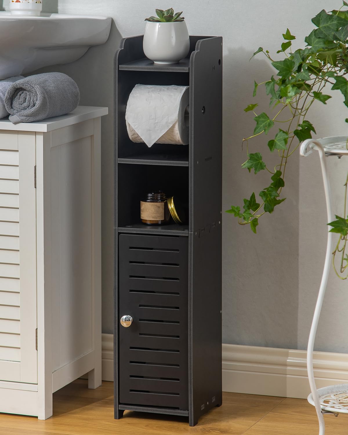 AOJEZOR Toilet Paper Holder Stand: Bathroom Storage Cabinet Beside Toilet for Small Space Bathroom with Toilet Roll Holder - White