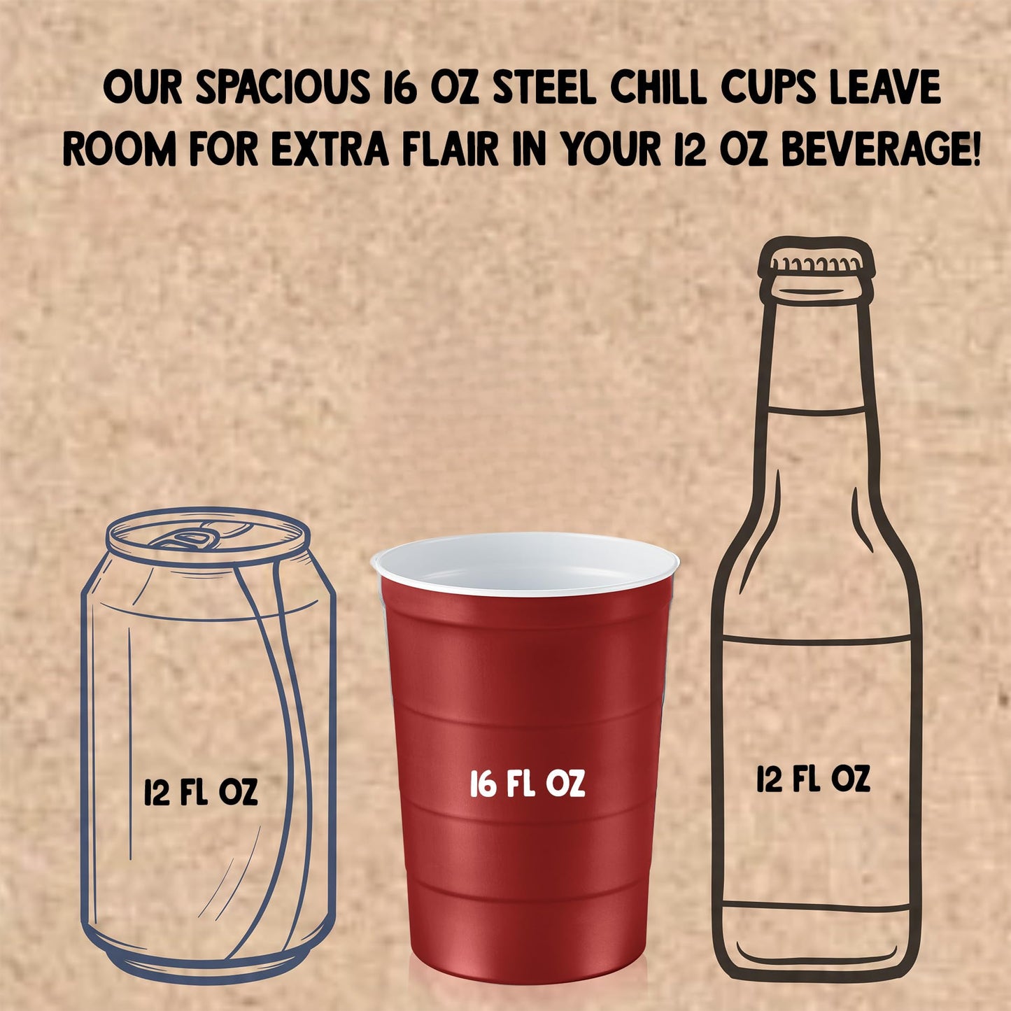 Steel Chill Cups 16 oz. Party Cups, Perfect for Cold Drinks, Sturdy & Durable, Disposable and 100% Recyclable, Made in USA, Red, 12 Count