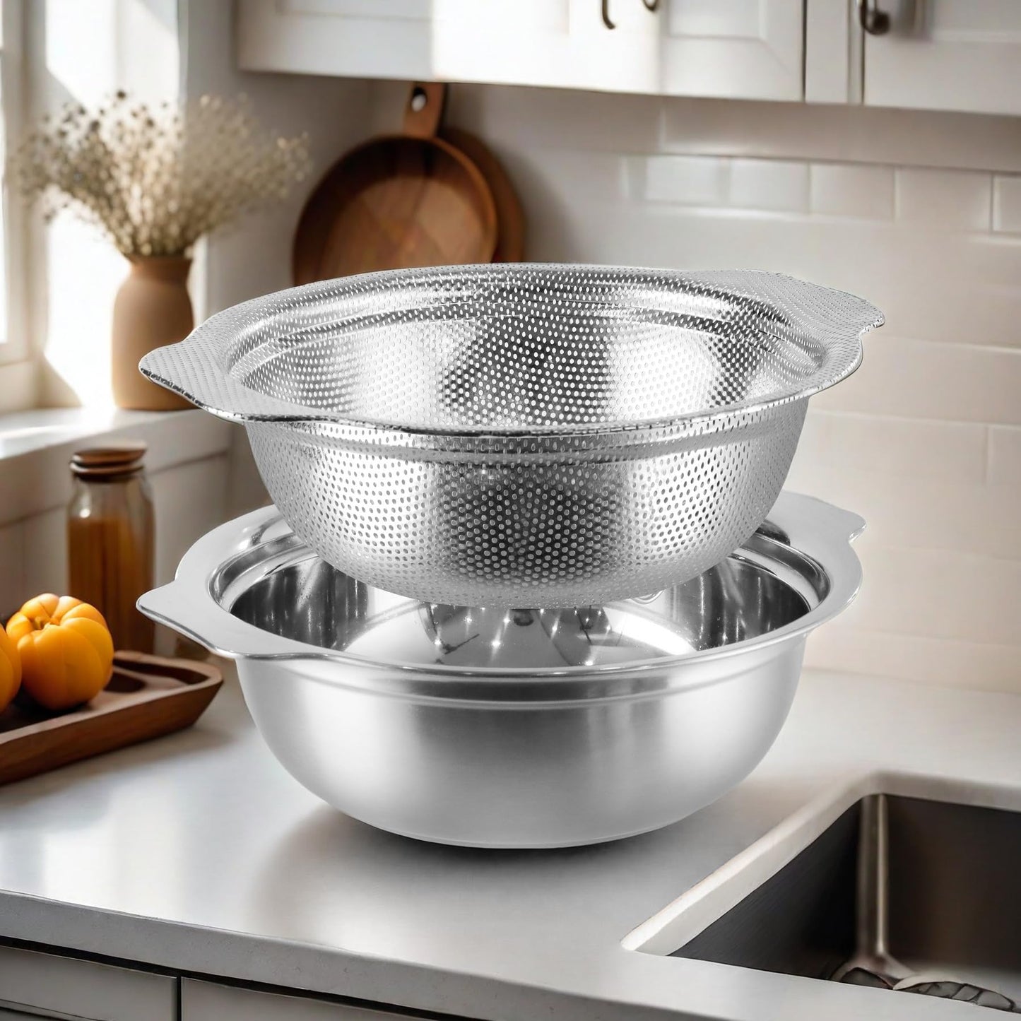 POPGRADE Stainless Steel Colander for Kitchen, 2.5QT Rice Washer Strainer with Mixing Bowl, Colander Bowl Set with Microporous for Washing Rice, Pasta, Spaghetti, Fruits, Dishwasher Safe(2PC)