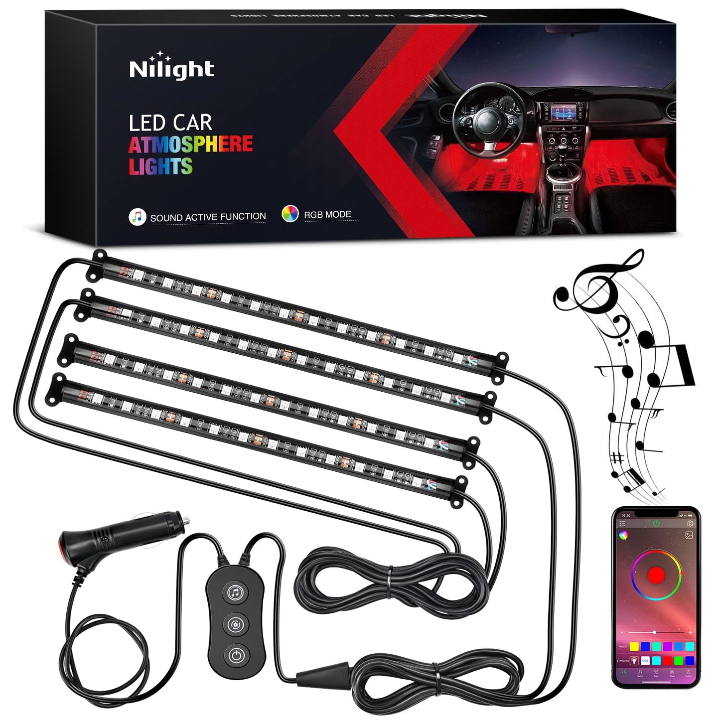 Nilight 48 LEDs DC 5V Multicolor Music Car Strip Light Under Dash Lighting Kit with Sound Active Function and Wireless Remote Control, 2 Years Warranty, 4PCS USB Interior Lights