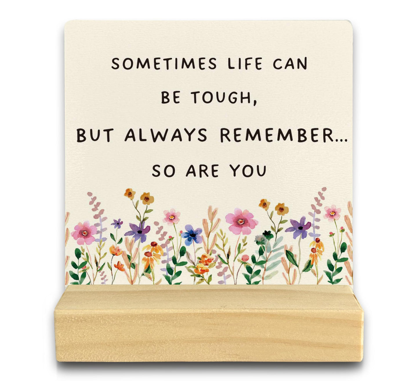 QASHWEY Motivational Desk Decor, Inspirational Desk Decor Floral Wood Table Signs, Inspirational Gifts for Women Friends, Sometimes Life Can be Tough Wooden Plaque with Wooden Stand for Home Office