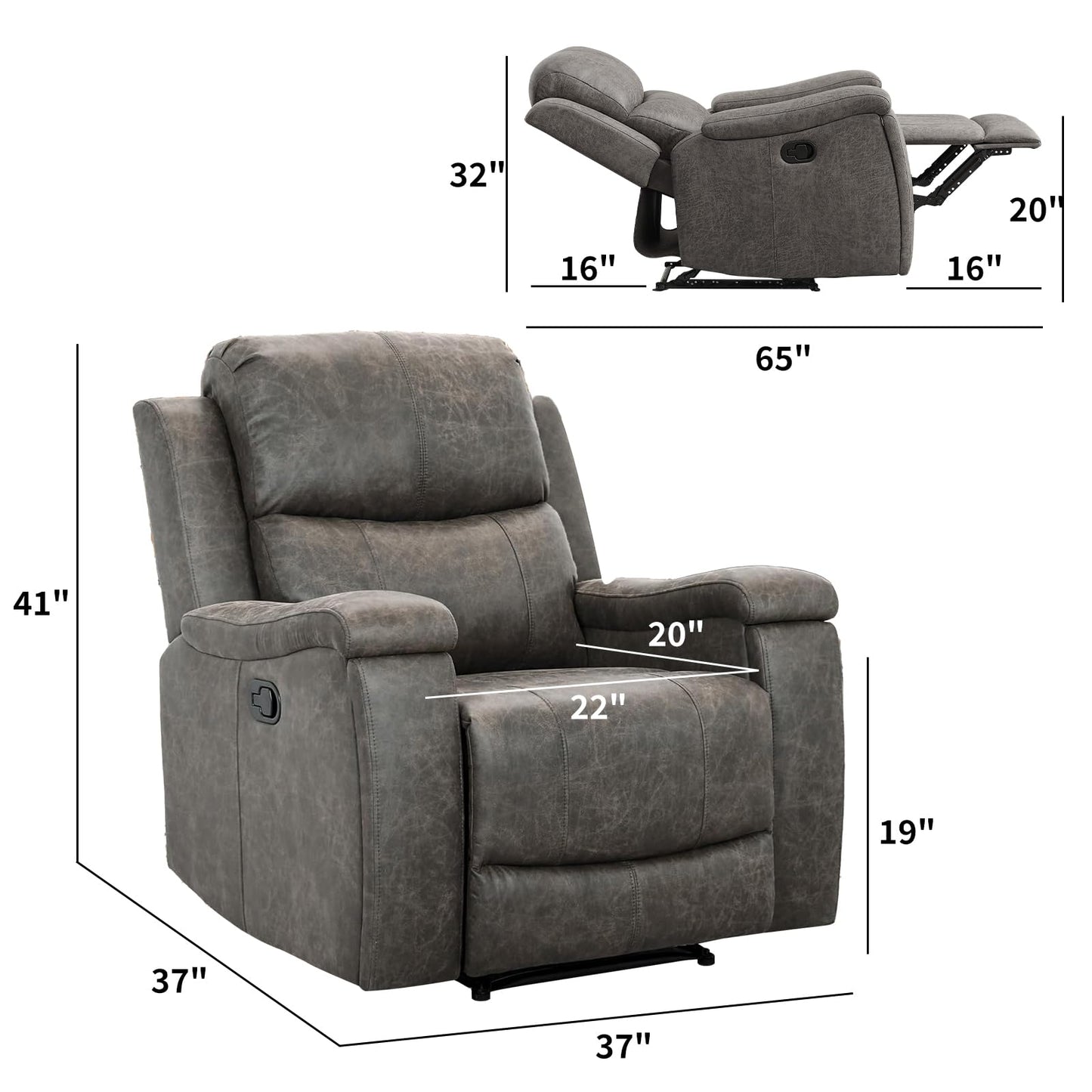 CANMOV Leather Recliner Chair, Classic and Traditional Manual Recliner Chair with Overstuffed Arms and Back, Manual Single Sofa with Concealed Cup Holders,Grey
