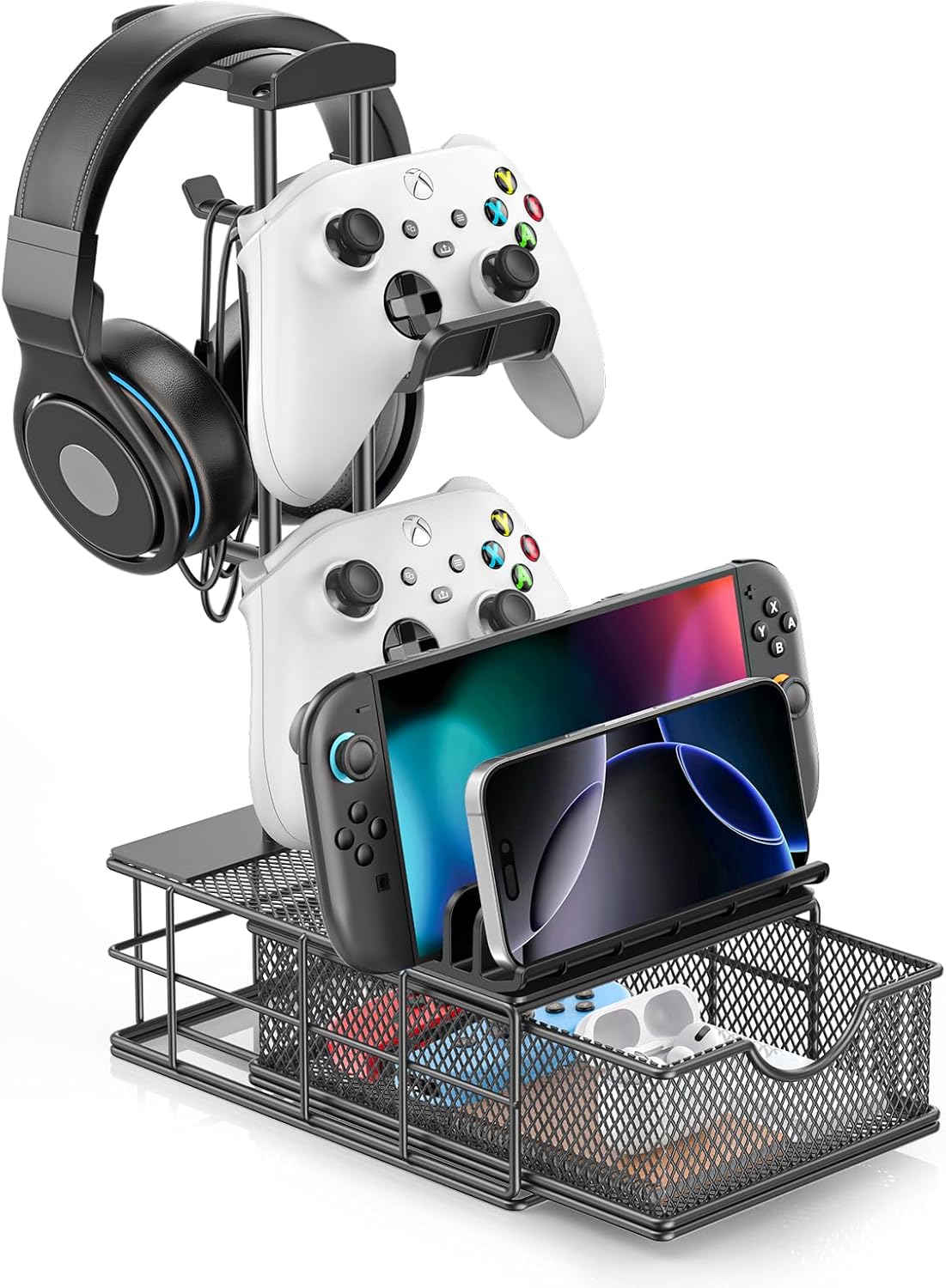 KDD Headphone Stand with Drawer - Headset & Controller Holder for Desk - Aluminum Supporting Bar Earphone Stand with Cable Organizer - Universal Gaming PC Accessories Storage