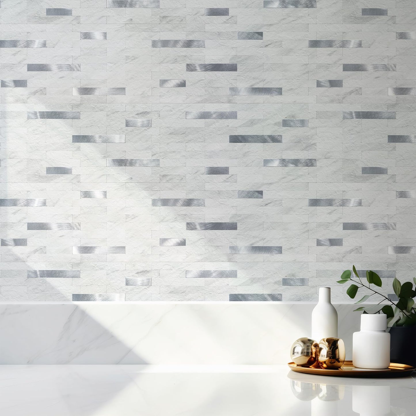 StyloVue 2 Sheets Peel and Stick Backsplash for Kitchen, White Marble with Metal Silver Look Stick on Tile Upgrade Your Kitchen Backsplash, RV, Fireplace