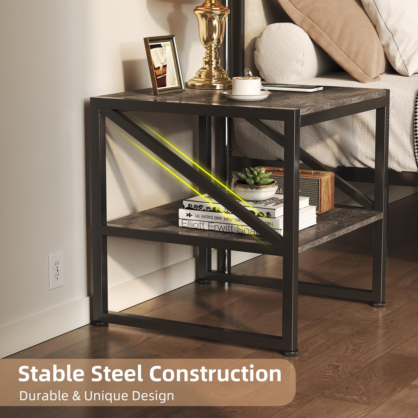 Mexin 20 Inch Square End Table, Mini Fridge Stand with 2-Tier Storage Shelf, High Load Capacity Side Table for Living Room Bedroom, Grey Oak