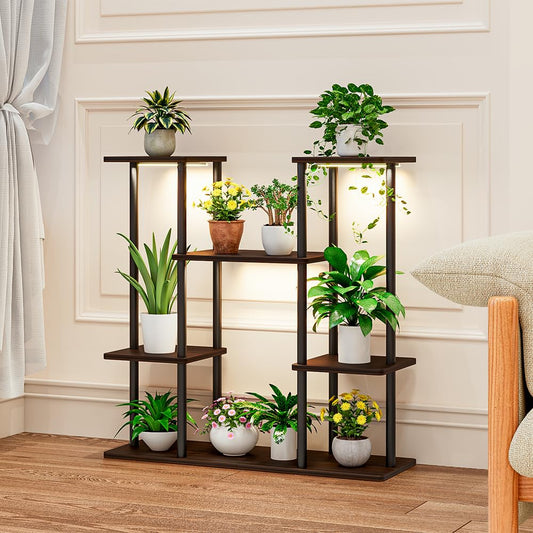 INGIORDAR Plant Stand With Grow Light Indoor Corner Tiered Metal Plant Organizer 4 Tier 10 Pot plants shelf for Window Garden Balcony Living Room