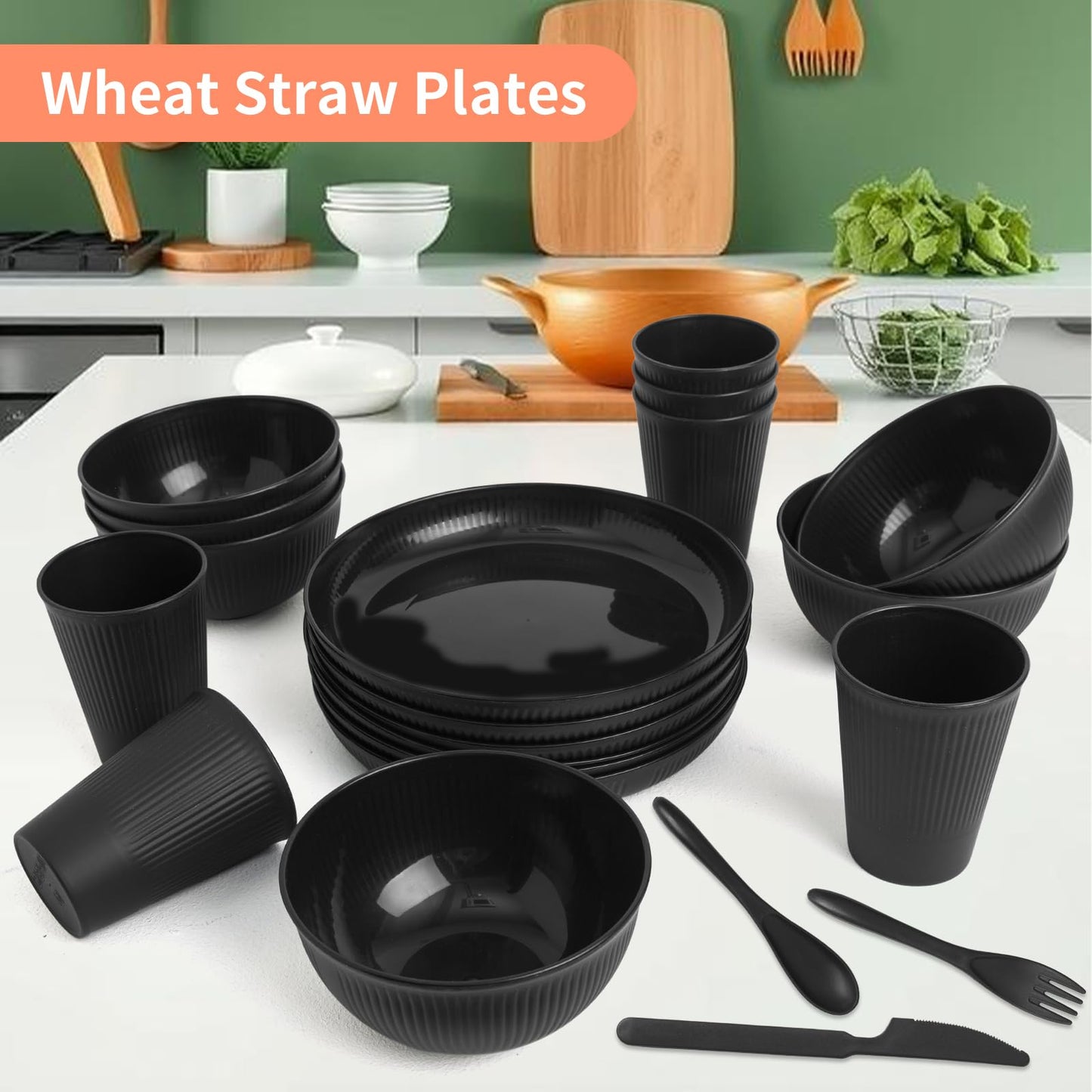 36 pcs Wheat Straw Dinnerware Sets, Unbreakable Reusable Dinnerware Set Kitchen Cups Plates and Bowls Sets, Dishwasher Microwave Safe Plates,Outdoor Camping Dishes (Black)