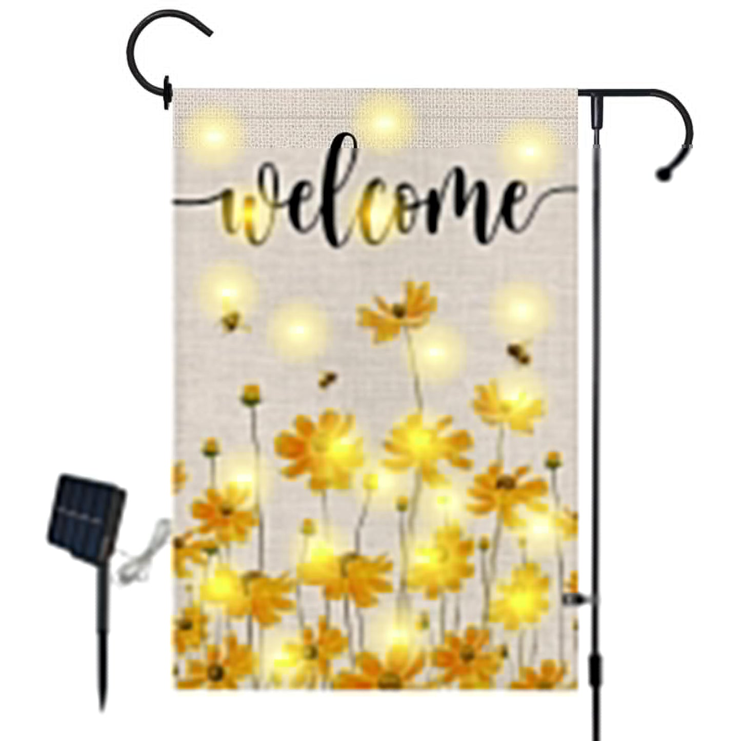 Lighted Spring Summer Floral Welcome Garden Flag, 12 x 18 Inch Double Sided Vertical Burlap Sunflower Bee Led Garden Flag for Seasonal Holiday Outdoor Yard Decoration