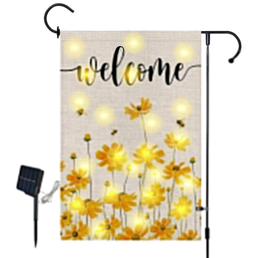 Lighted Spring Summer Floral Welcome Garden Flag, 12 x 18 Inch Double Sided Vertical Burlap Sunflower Bee Led Garden Flag for Seasonal Holiday Outdoor Yard Decoration