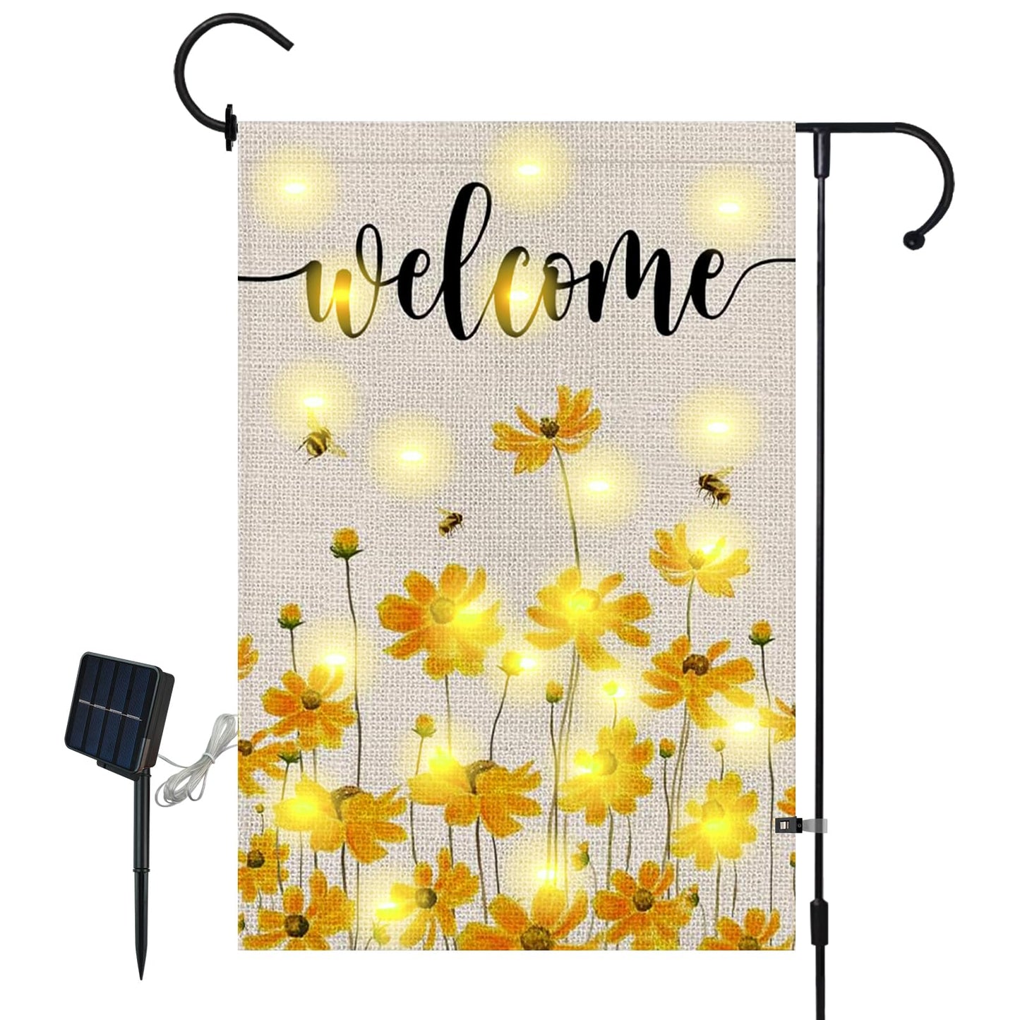 Lighted Spring Summer Floral Welcome Garden Flag, 12 x 18 Inch Double Sided Vertical Burlap Sunflower Bee Led Garden Flag for Seasonal Holiday Outdoor Yard Decoration
