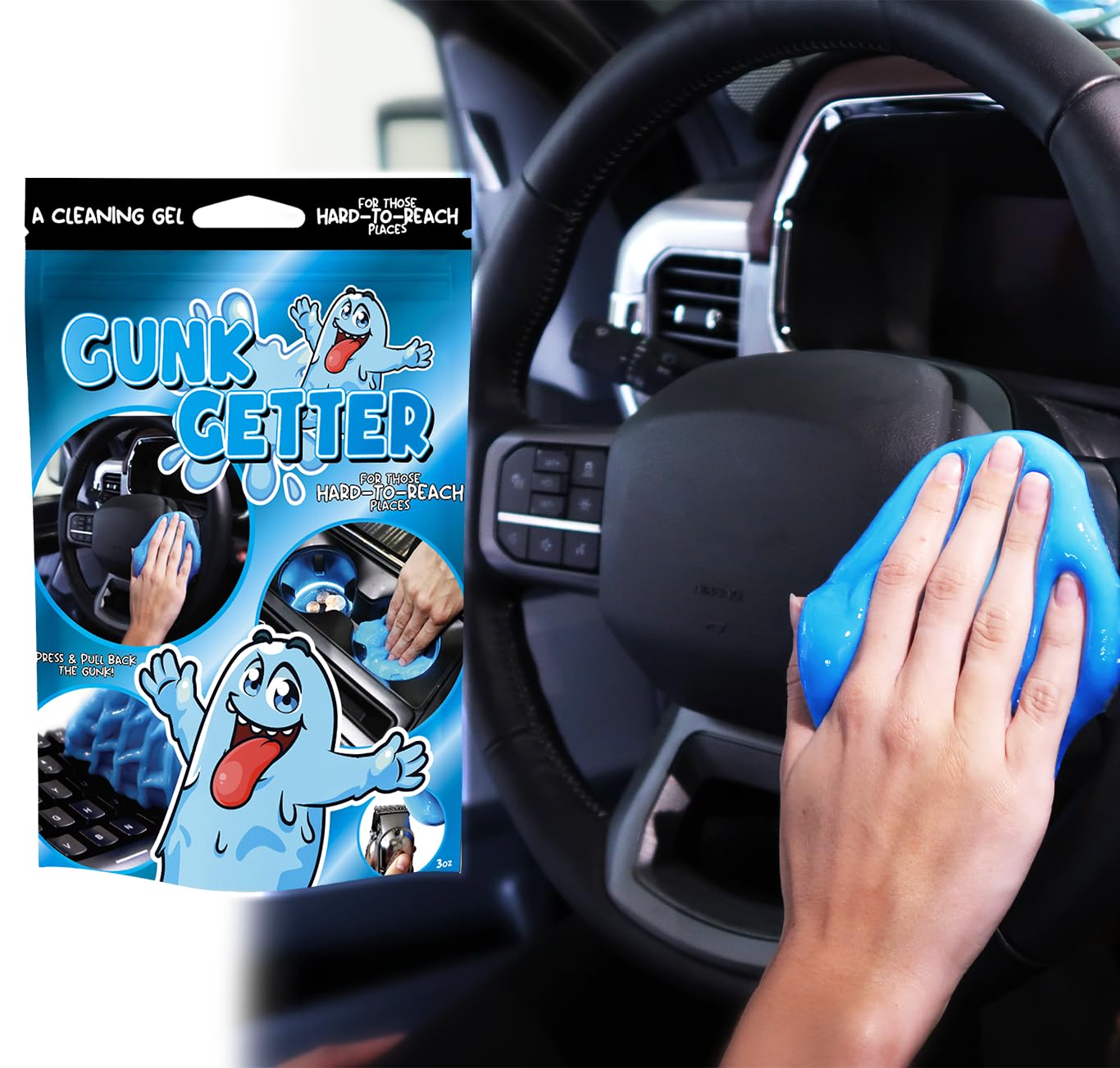 Gunk Getter 12 Pack Cleaning Gel for Those Hard to Reach Places, Automotive Cup Holder Electronic Keyboard Office, Slime Gel Cleaner Dust Crumb Removal (Resealable Pouch, Blue, 3oz)
