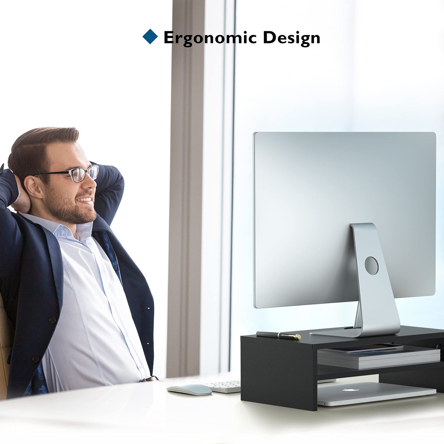 BONTEC Wooden Monitor Stand Riser, 2-Tier Desk Shelf with Storage Organizer, Ergonomic Computer Stand with Cable Management, Cellphone Holder, Black, 16.5 Inch