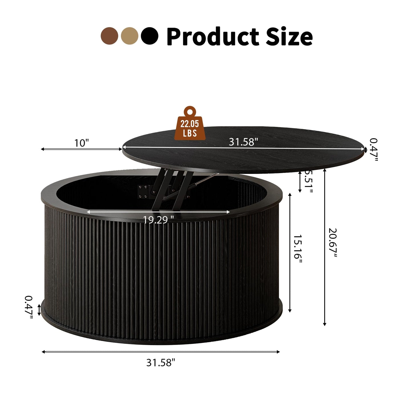 NVETHM Round Coffee Table, Lift Top Coffee Table with Storage, Farmhouse Fluted Center Table Circle Dining Table for Living Room, Reception Room, Home Office (Black)