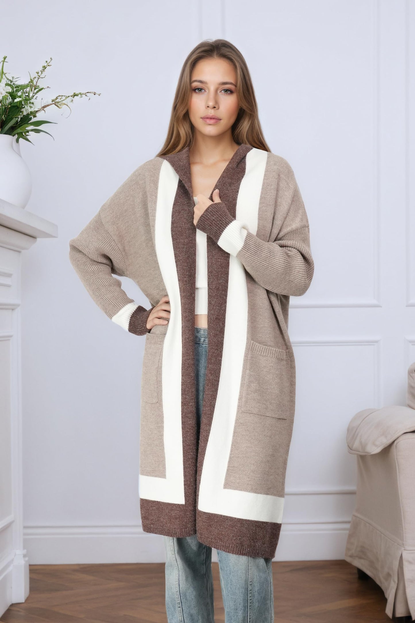 Long Sweaters for Women - Lightweight Hooded Cardigan with Batwing Sleeves, Oversized Knit Coatigan for Fall and Winter 2025 Khaki
