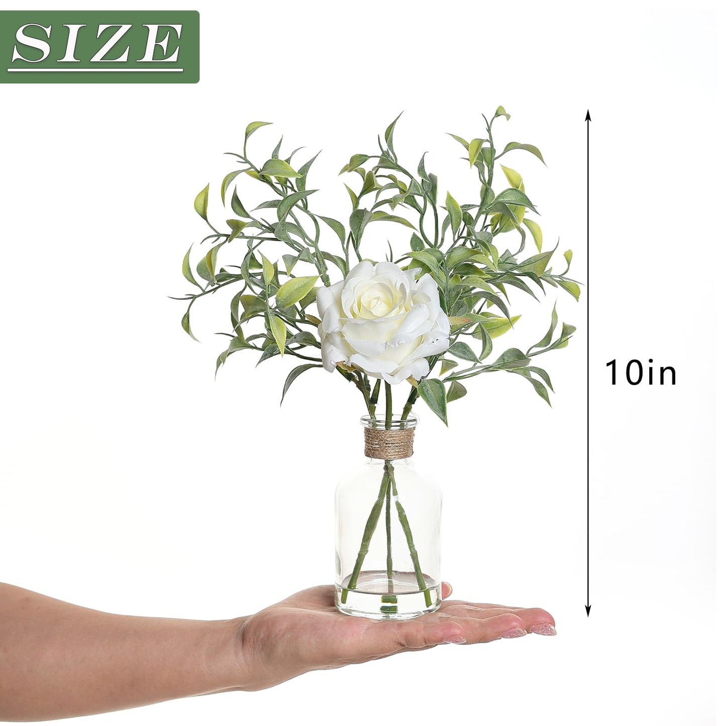 3 Pack Mini Fake Plants and Artificial Flowers with Faux Water in Vase,Silk Roses and Eucalyptus with Fake Water in Glass Vase for Centerpiece Table Decorations Kitchens Office Home decor (White)
