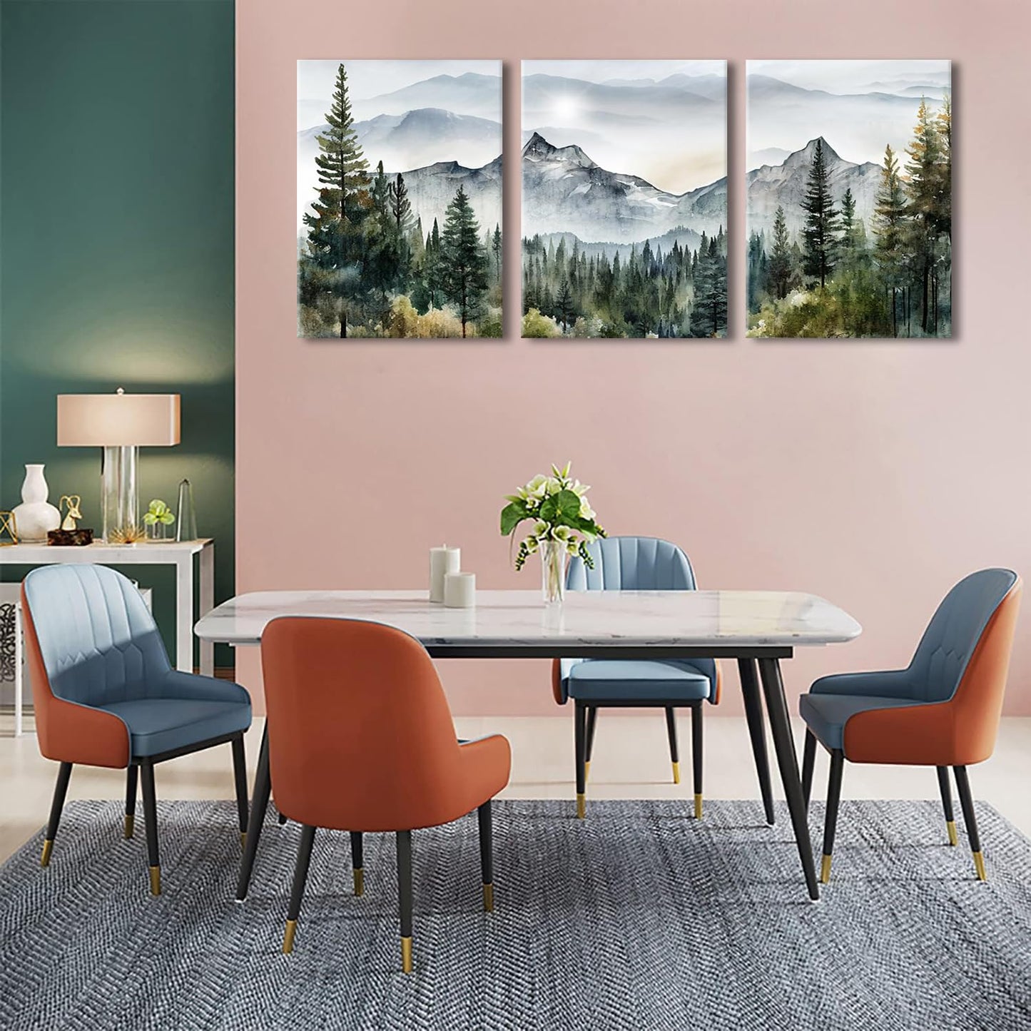 Dytila Framed Green Mountain Wall Art Set of 3, Misty Forest Pictures Wall Decor Neutral Nature Paintings Modern landscape Canvas Prints Sunrise Artwork for Living Room Office Hallway 12x16 in