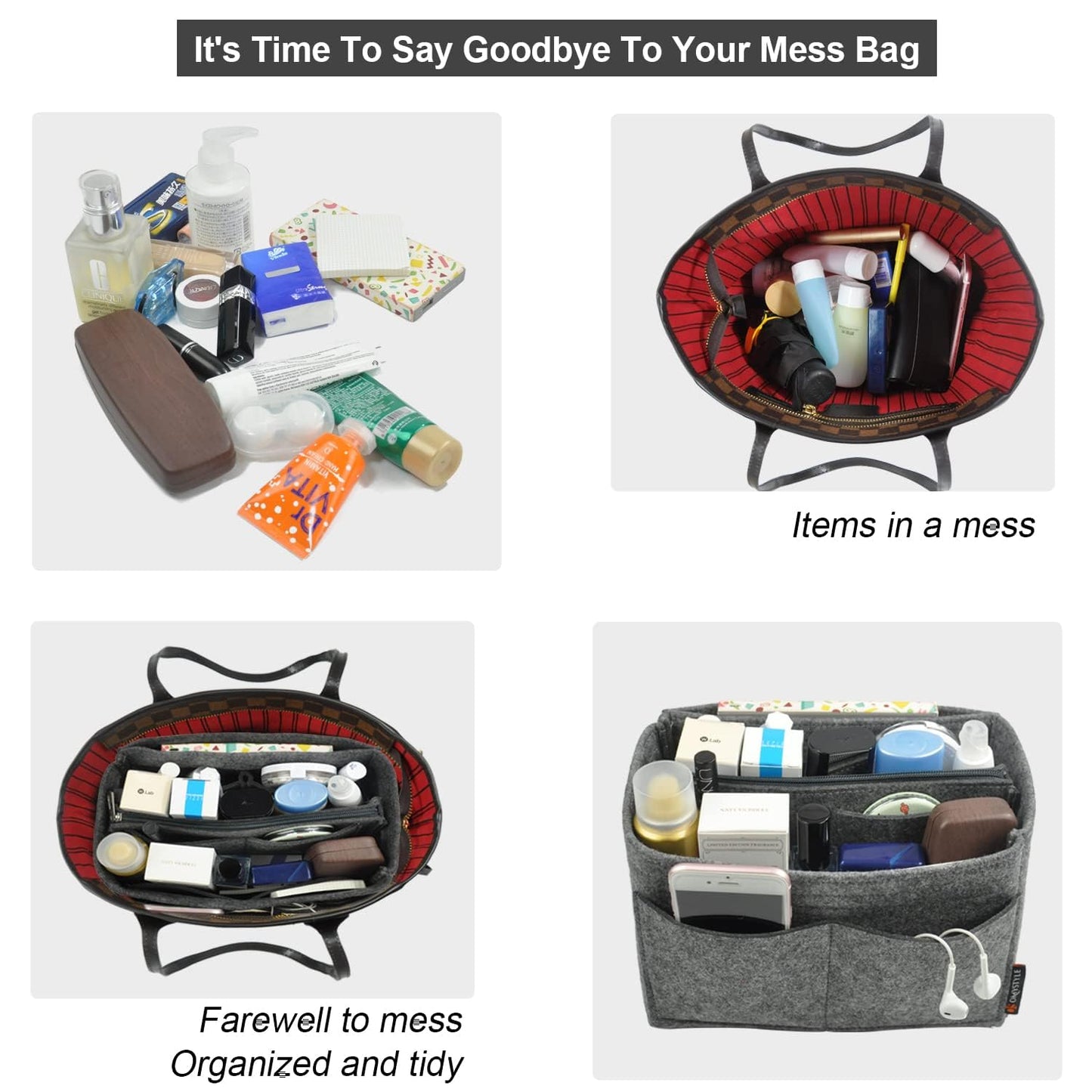 OMYSTYLE Grey Organizer Insert, Felt Tote Bag Organizer Insert with 5 Sizes, Handbag Dividers for Inside Purse, Compatible with Longchamp, Neverful, Speedy and More