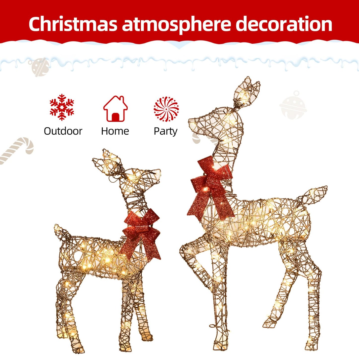 HOYECHI 4ft Christmas Decorations Outdoor Lighted Reindeer – 3-Piece 2D Deer Family Set with 145 Warm White LED Lights for Yard, Lawn, Garden & Porch Holiday Display - Rattan