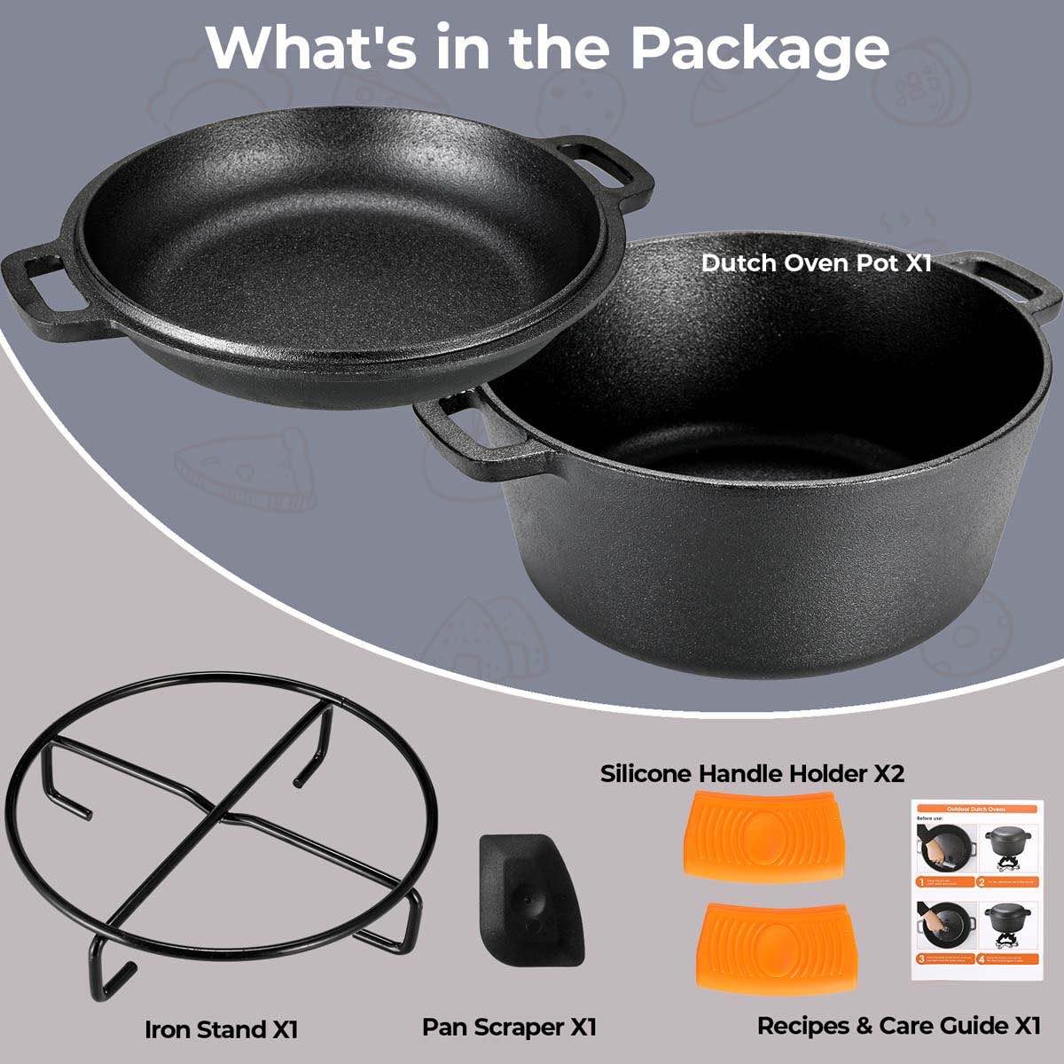 TLGREEN Cast Iron Dutch Oven Pot with Lid, Pot (5.1QT) and Lid as a Skillet(1.9QT) - Dutch Oven Cast Iron with Silicone Holders, Iron Stand, for Oven, Stove, Grill，Campfire