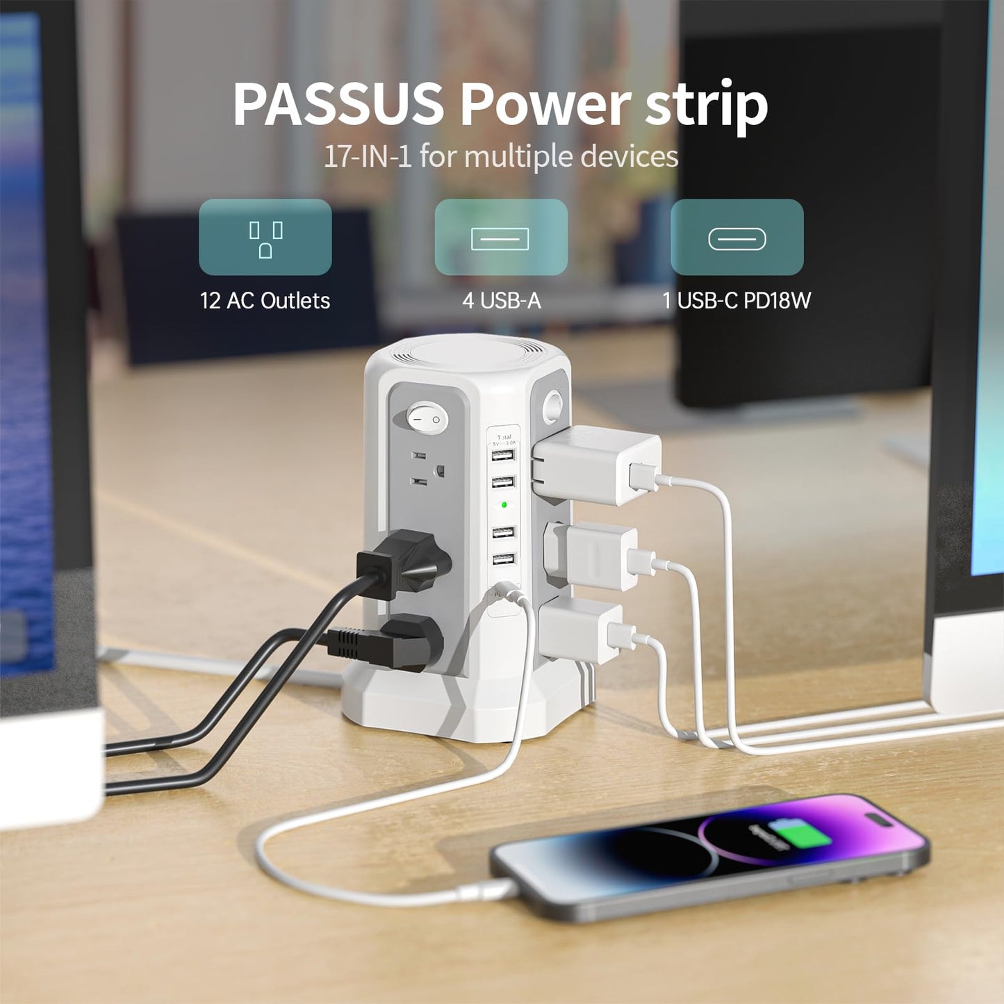 Surge Protector Power Strip Tower with USB C Port(PD18W),10FT Extension Cord with 12 AC Outlets 5 USB Charging Ports, PASSUS Power Tower Surge Protection for Home Office DormRoom