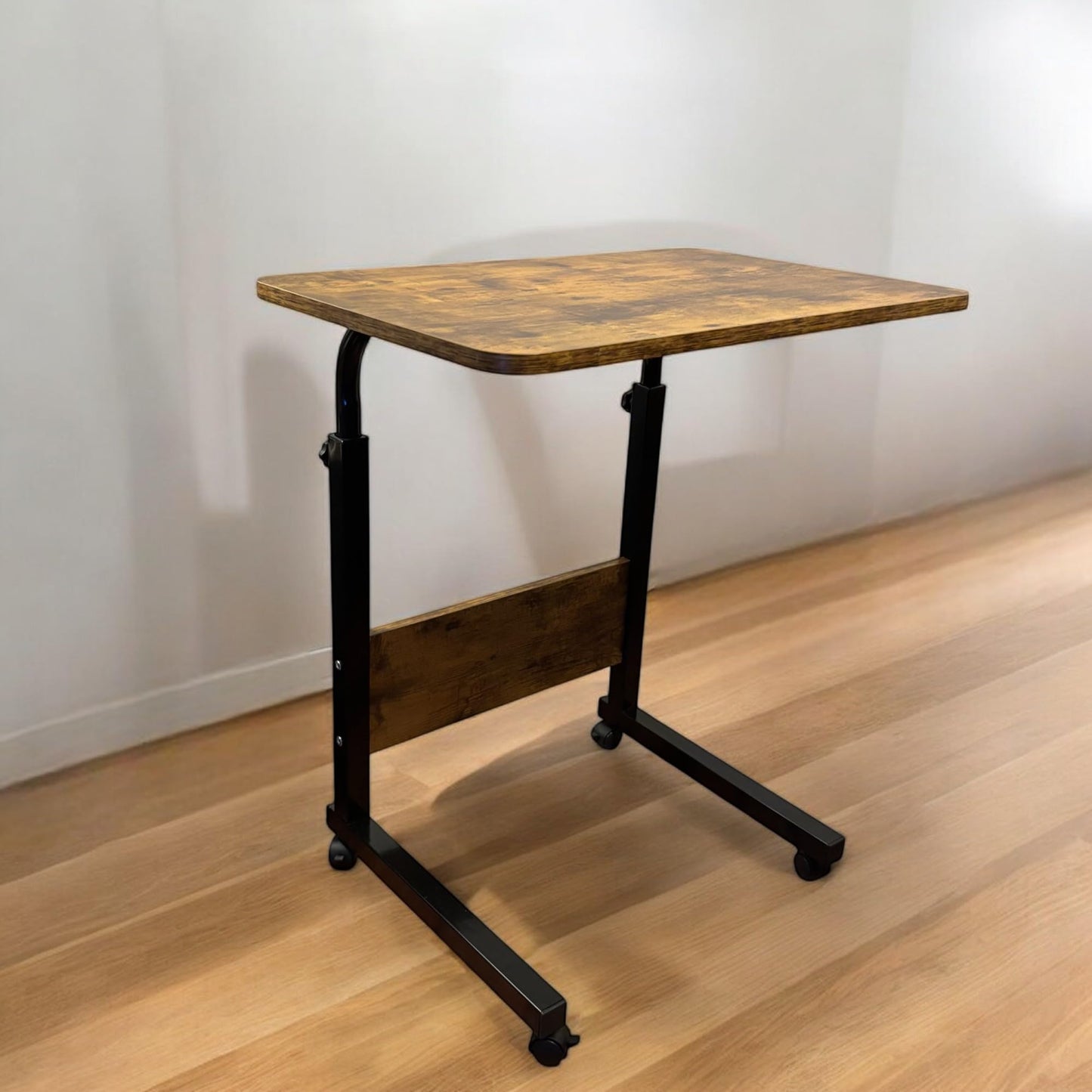 Tinymod Adjustable Mobile C-Shaped Table, 23.6-Inch Portable Laptop Desk with Wheels, Side Table for Bed, Couch, or Office, Rustic Brown