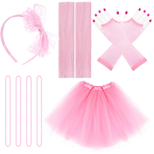 jiebor 80s Costume Accessories Outfits for Women Tutu Skirt Headband Leg Warmers Fishnet Gloves Necklace Halloween Party