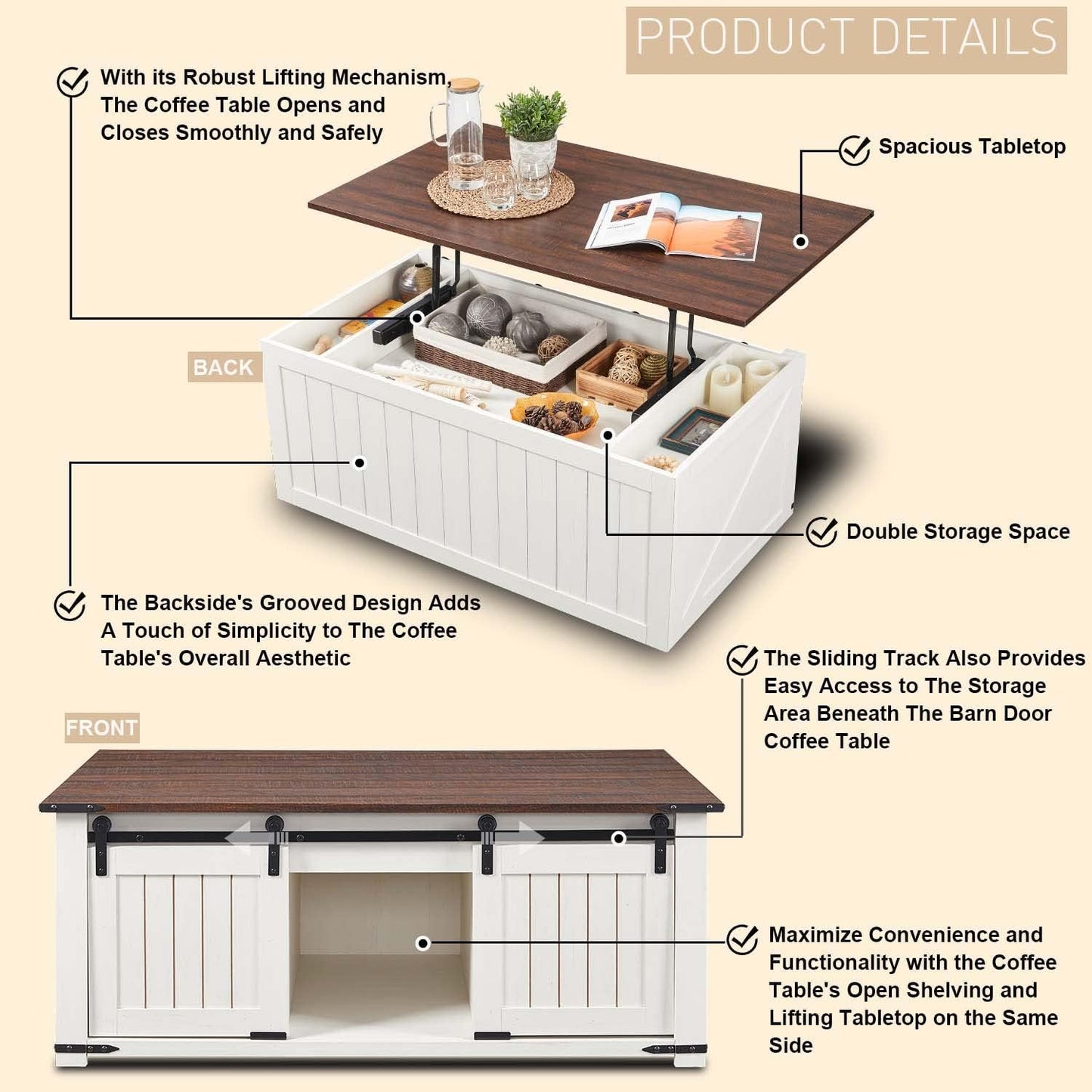 IFGET 48" Lift Top Coffee Table, Farmhouse Cocktai with Sliding Groove Barn Door, Rustic Wood Center Table w/Double Storage Spaces for Living Room, White