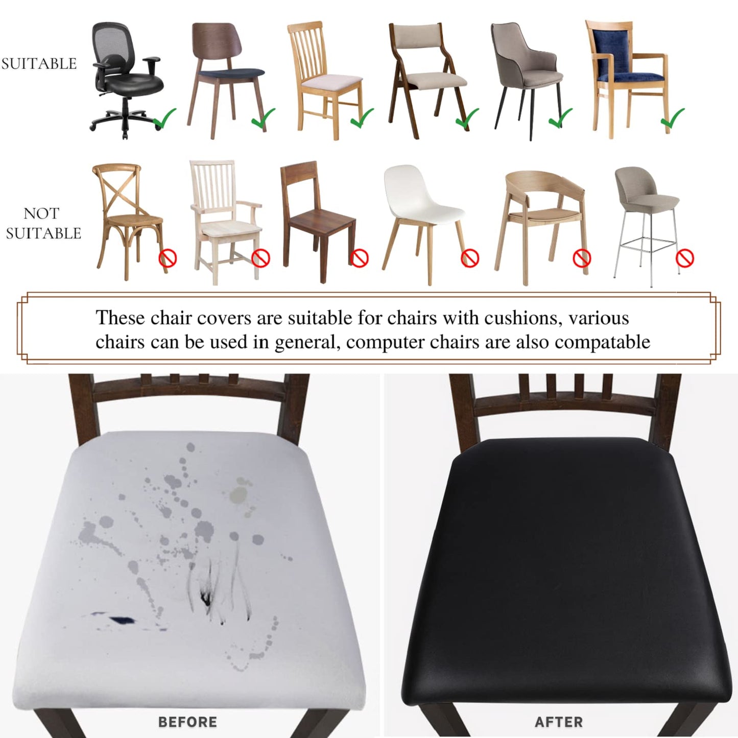 SearchI Waterproof PU Leather Seat Covers for Dining Chairs, 6 Pack Stretch Dining Room Chair Seat Covers, Kitchen Chair Seat Covers Protectors (Black)